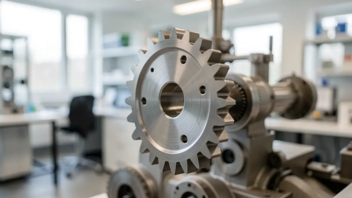 Generic image of a polished metal gear, representing innovation and industry, with a blurred background of a modern laboratory or office space.