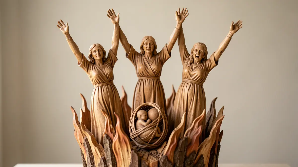 Generic image of a wooden sculpture with three female figures and a central child, carved with faces that appear to follow the viewer.