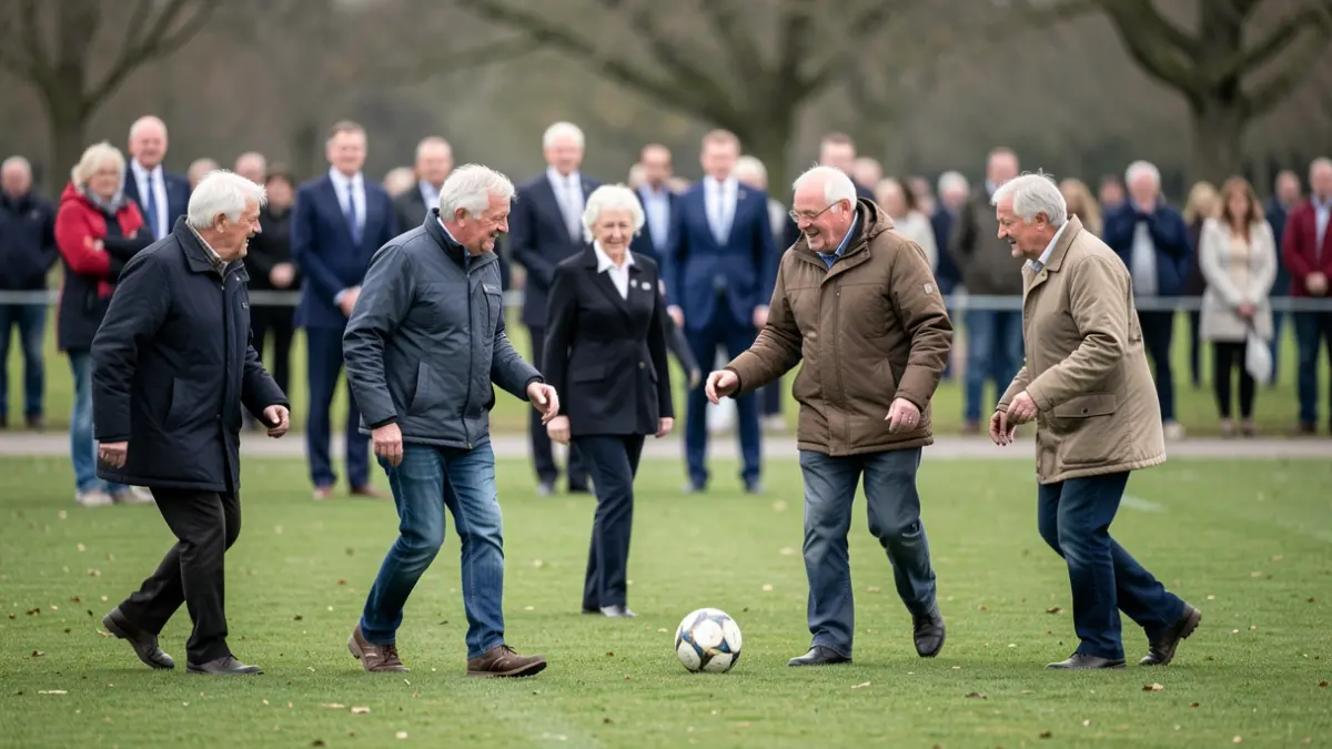 Generic image of a walking football match between older adults and politicians on a green pitch.